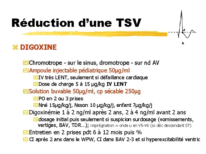 Réduction d’une TSV z DIGOXINE y Chromotrope - sur le sinus, dromotrope - sur