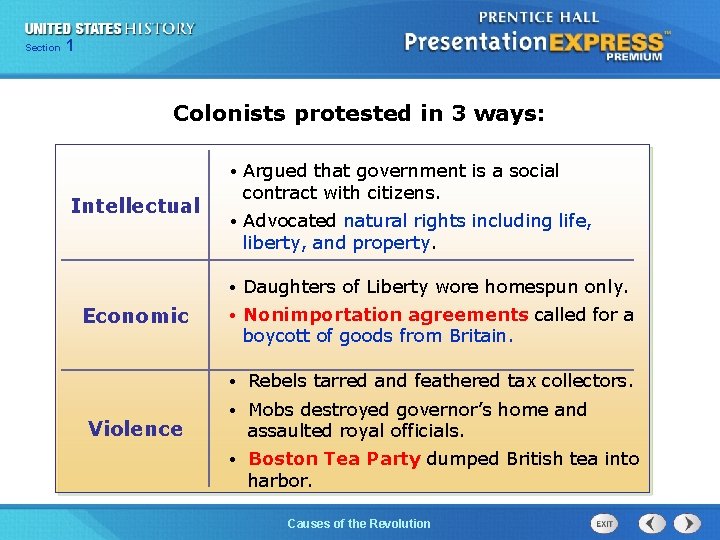 Chapter Section 1 25 Section 1 Colonists protested in 3 ways: Intellectual Economic Violence