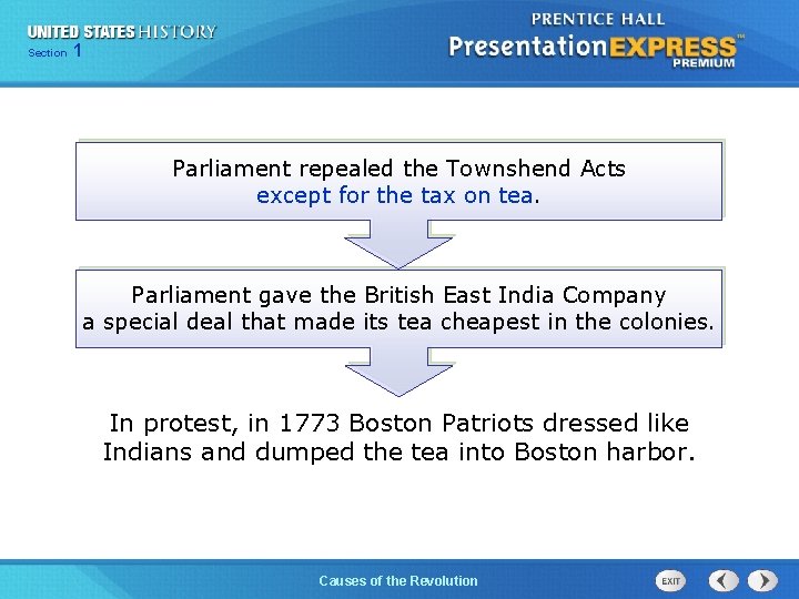 Chapter Section 1 25 Section 1 Parliament repealed the Townshend Acts except for the