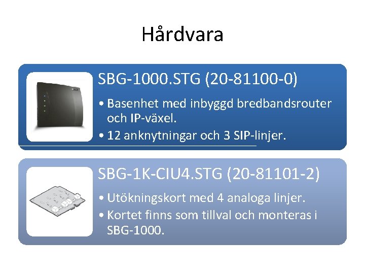Hårdvara SBG-1000. STG (20 -81100 -0) • Basenhet med inbyggd bredbandsrouter och IP-växel. •