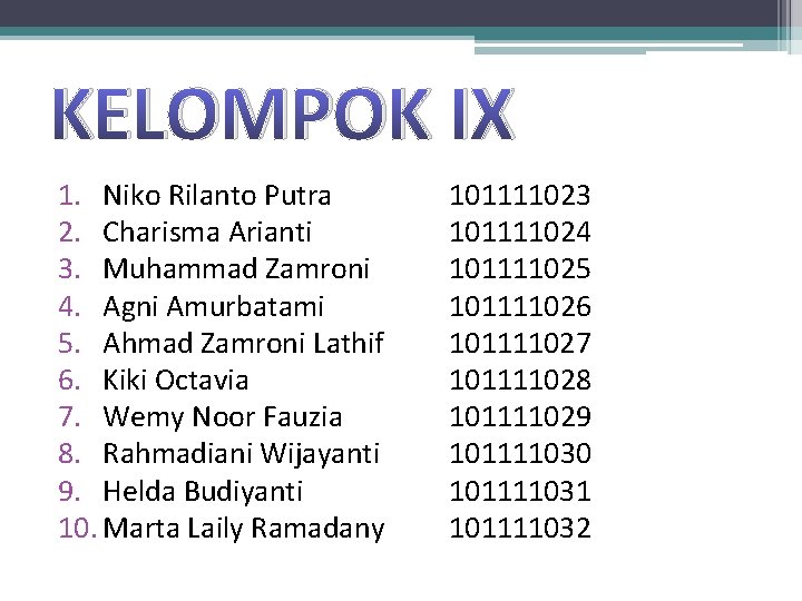 KELOMPOK IX 1. Niko Rilanto Putra 2. Charisma Arianti 3. Muhammad Zamroni 4. Agni