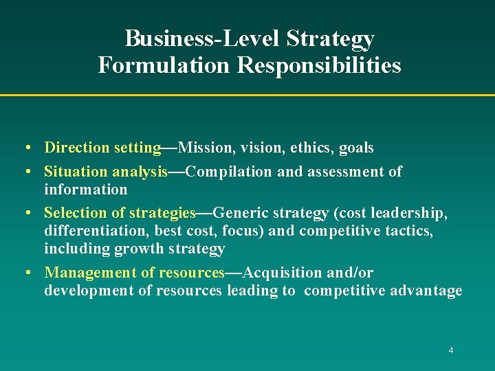Business-Level Strategy Formulation Responsibilities • Direction setting—Mission, vision, ethics, goals • Situation analysis—Compilation and