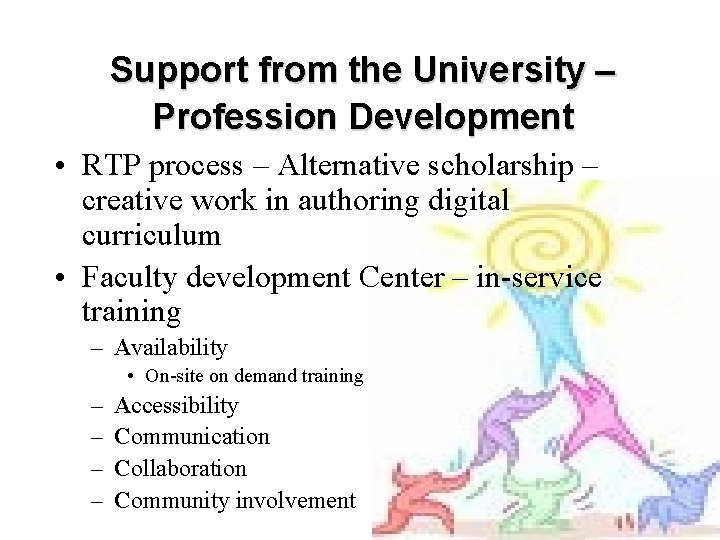 Support from the University – Profession Development • RTP process – Alternative scholarship –