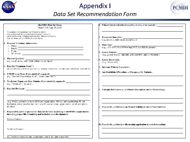 Appendix I Data Set Recommendation Form 