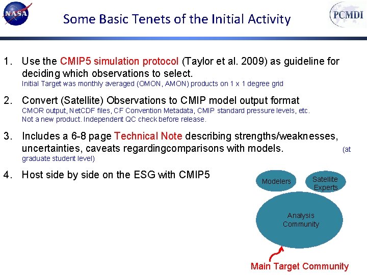 Some Basic Tenets of the Initial Activity 1. Use the CMIP 5 simulation protocol
