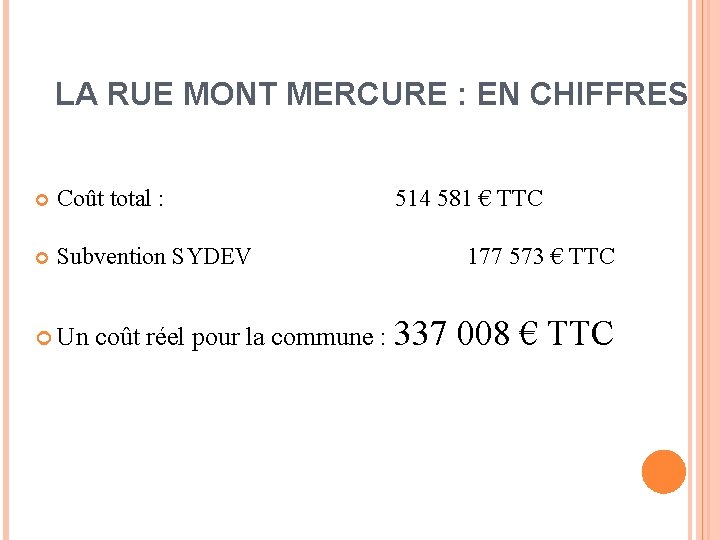 LA RUE MONT MERCURE : EN CHIFFRES Coût total : Subvention SYDEV Un coût