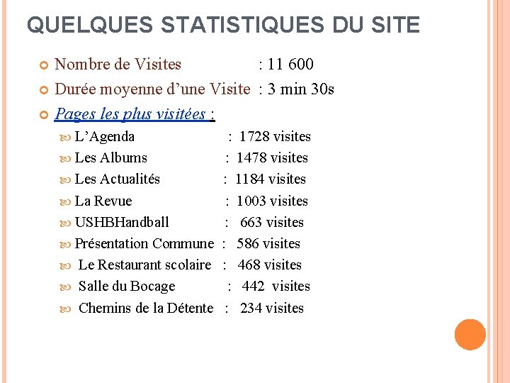 QUELQUES STATISTIQUES DU SITE Nombre de Visites : 11 600 Durée moyenne d’une Visite