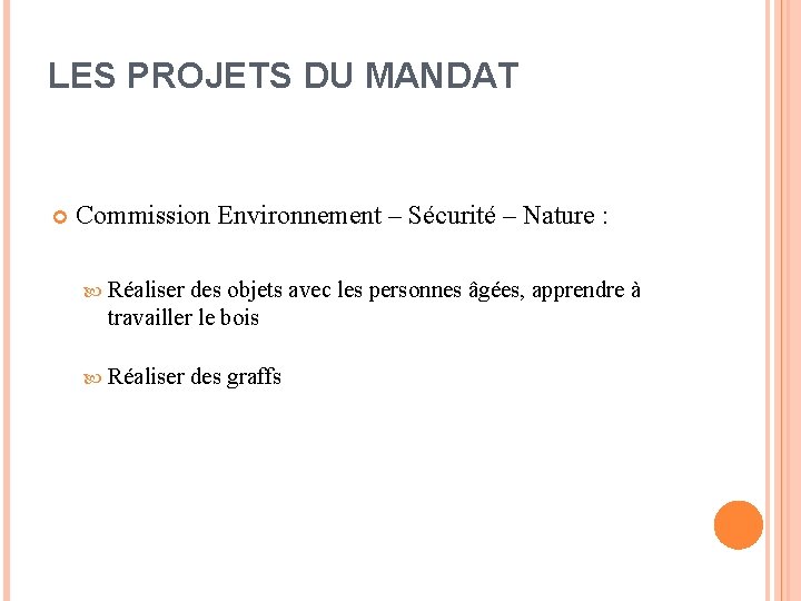 LES PROJETS DU MANDAT Commission Environnement – Sécurité – Nature : Réaliser des objets