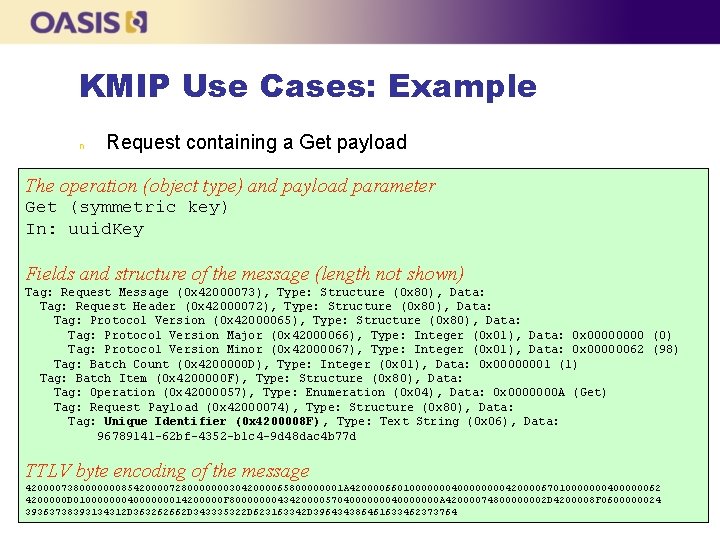 KMIP Use Cases: Example n Request containing a Get payload The operation (object type)