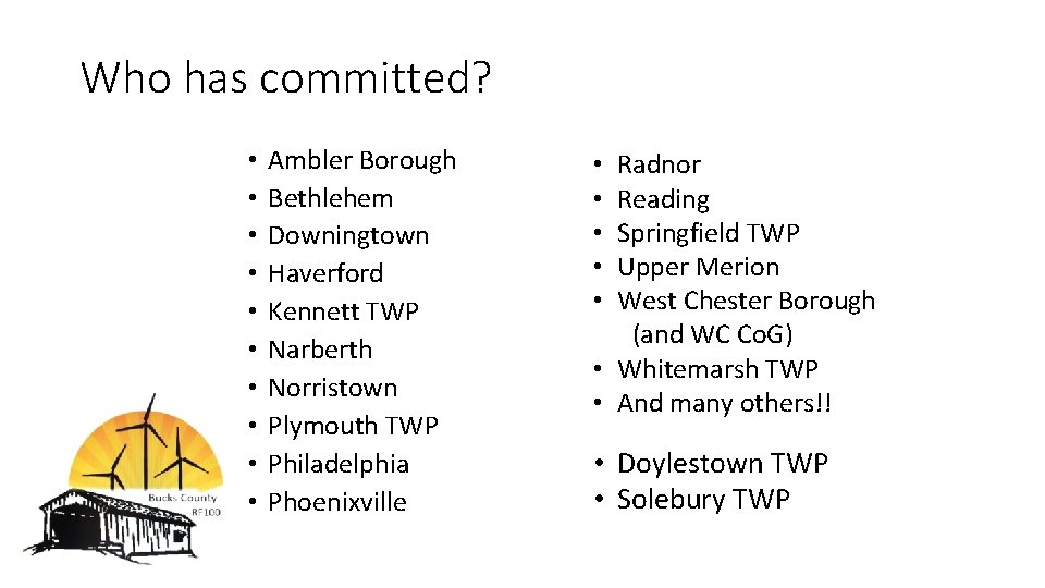 Who has committed? • • • Ambler Borough Bethlehem Downingtown Haverford Kennett TWP Narberth