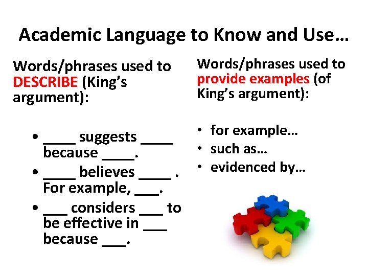 Academic Language to Know and Use… Words/phrases used to DESCRIBE (King’s argument): • ____