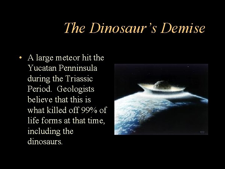 The Dinosaur’s Demise • A large meteor hit the Yucatan Penninsula during the Triassic