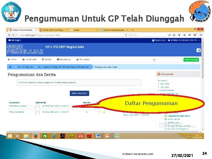 Pengumuman Untuk GP Telah Diunggah Daftar Pengumuman missevi. worpress. com 27/02/2021 24 