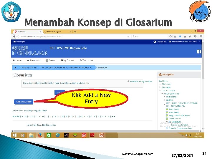 Menambah Konsep di Glosarium Klik Add a New Entry missevi. worpress. com 27/02/2021 31