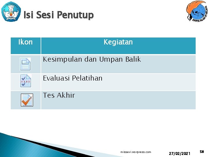 Isi Sesi Penutup Ikon Kegiatan Kesimpulan dan Umpan Balik Evaluasi Pelatihan Tes Akhir missevi.