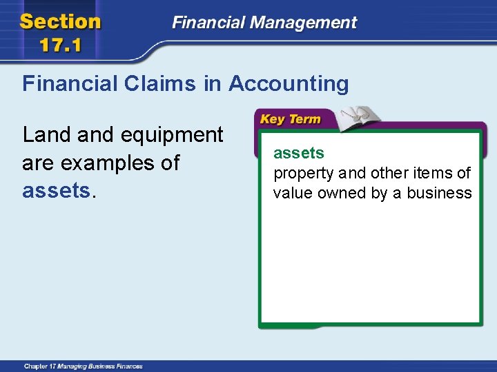 Financial Claims in Accounting Land equipment are examples of assets property and other items