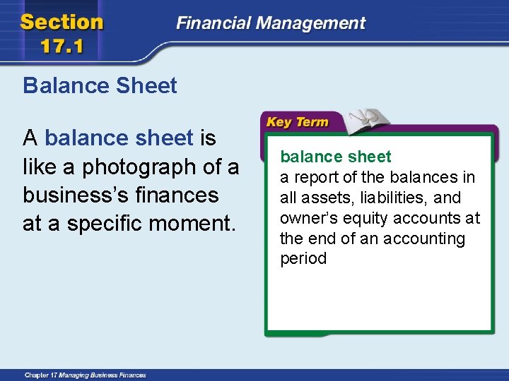 Balance Sheet A balance sheet is like a photograph of a business’s finances at