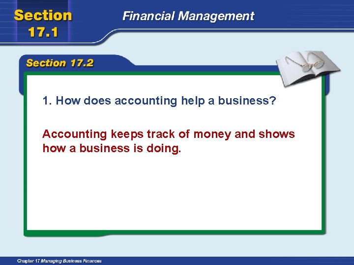 1. How does accounting help a business? Accounting keeps track of money and shows
