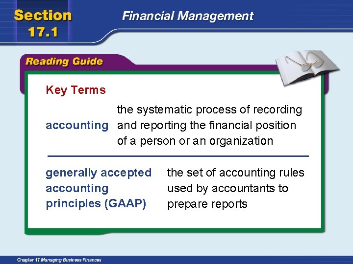 Key Terms the systematic process of recording accounting and reporting the financial position of