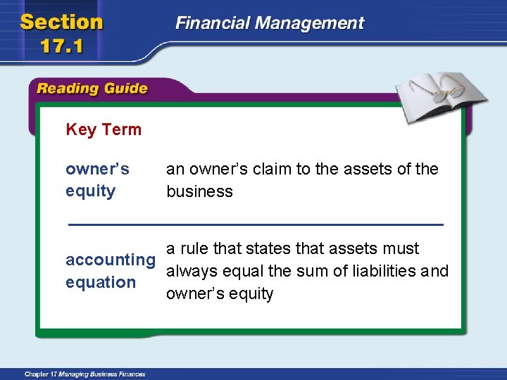 Key Term owner’s equity an owner’s claim to the assets of the business a