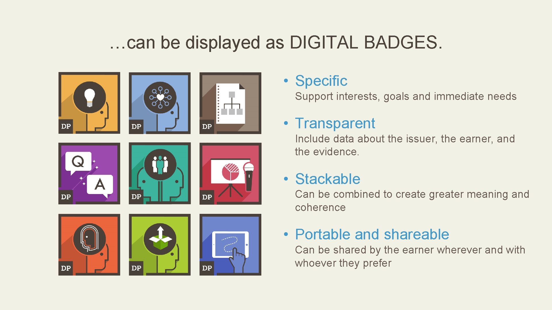 …can be displayed as DIGITAL BADGES. • Specific Support interests, goals and immediate needs