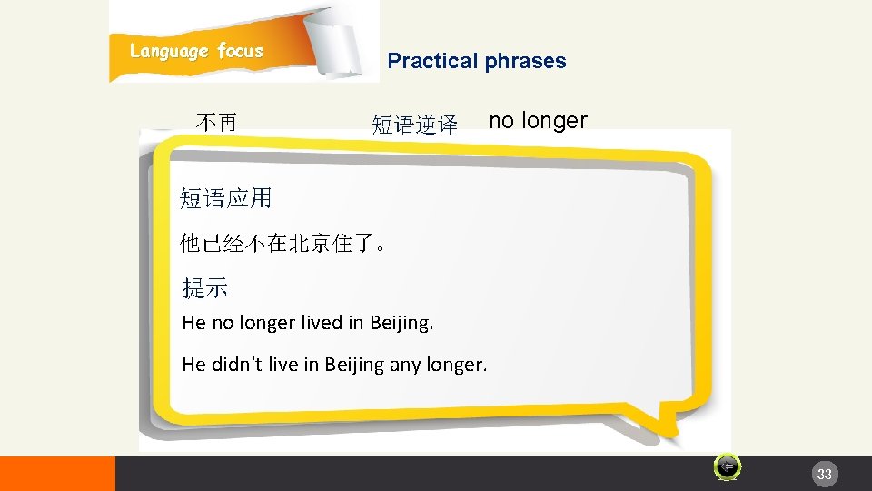 Language focus 不再 Practical phrases 短语逆译 no longer 短语应用 他已经不在北京住了。 提示 He no longer