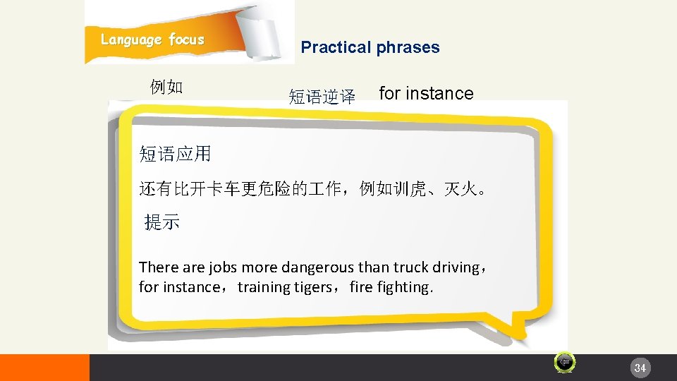 Language focus 例如 Practical phrases 短语逆译 for instance 短语应用 还有比开卡车更危险的 作，例如训虎、灭火。 提示 There are