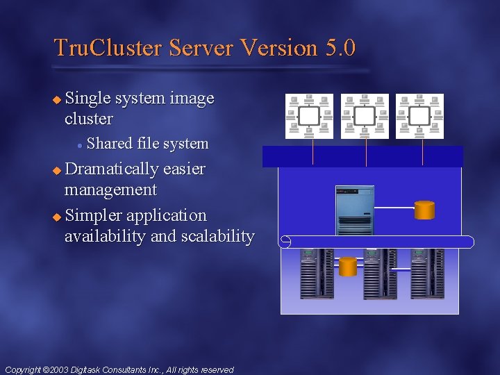 Tru. Cluster Server Version 5. 0 u Single system image cluster l Shared file