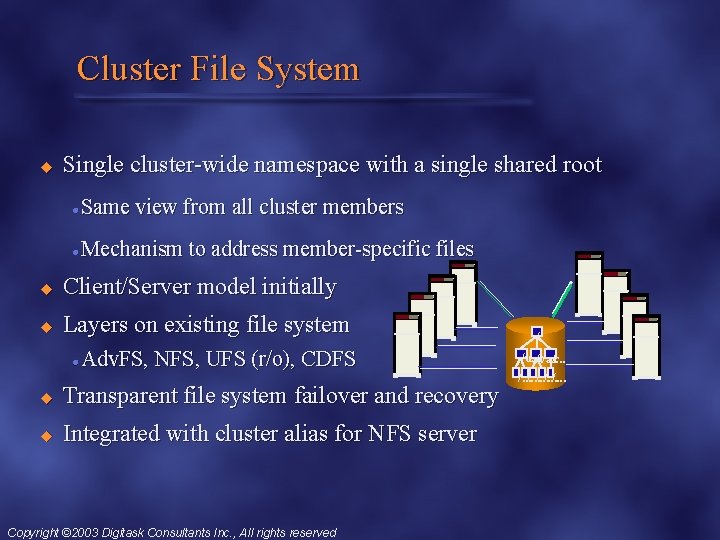 Cluster File System u Single cluster-wide namespace with a single shared root l Same