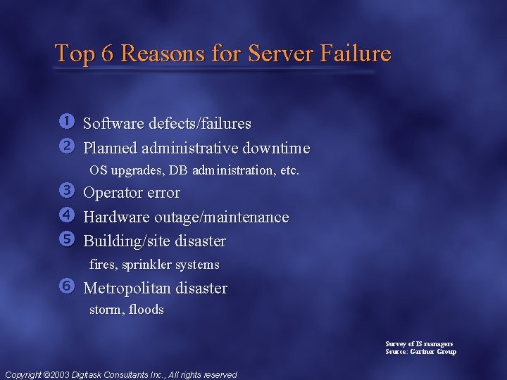 Top 6 Reasons for Server Failure Software defects/failures Planned administrative downtime OS upgrades, DB