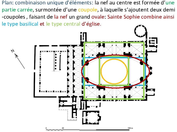 Plan: combinaison unique d’éléments: la nef au centre est formée d’une partie carrée, surmontée
