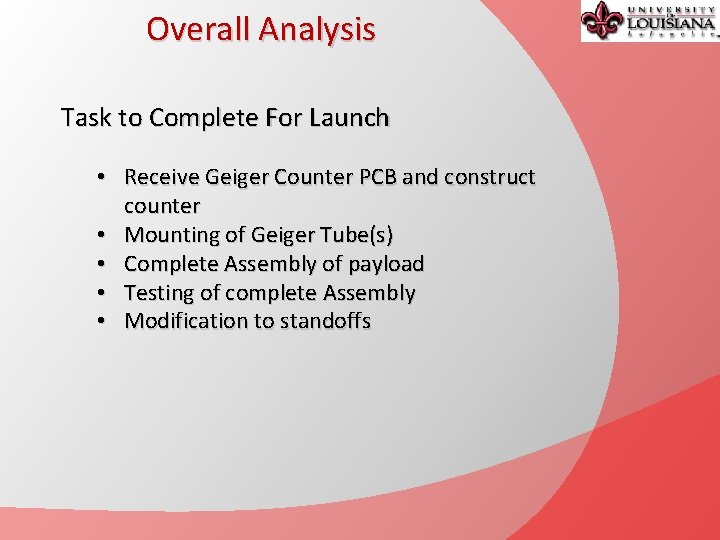 Overall Analysis Task to Complete For Launch • Receive Geiger Counter PCB and construct