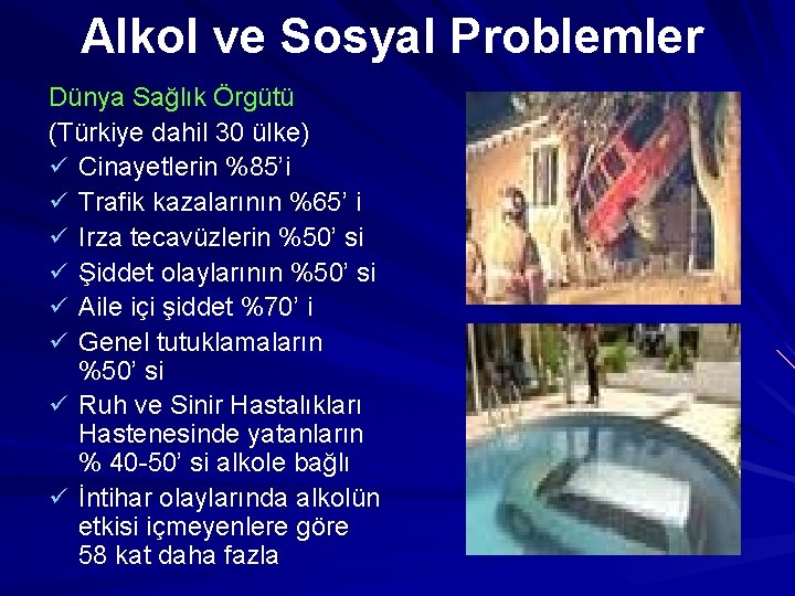 Alkol ve Sosyal Problemler Dünya Sağlık Örgütü (Türkiye dahil 30 ülke) ü Cinayetlerin %85’i