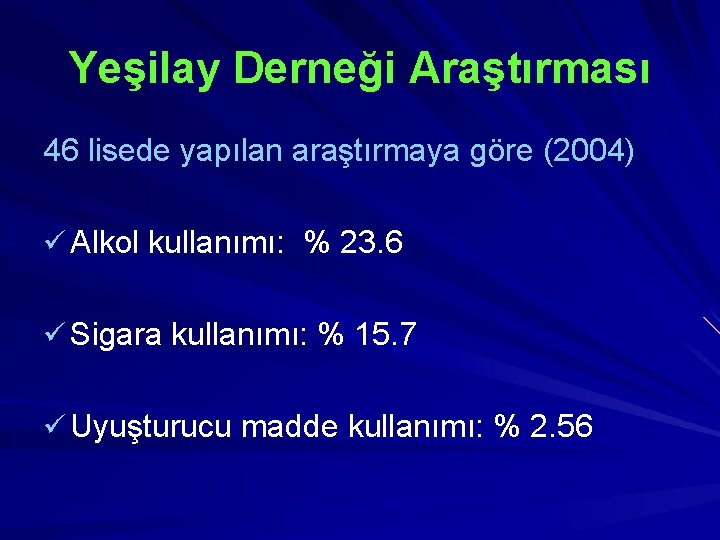 Yeşilay Derneği Araştırması 46 lisede yapılan araştırmaya göre (2004) ü Alkol kullanımı: % 23.