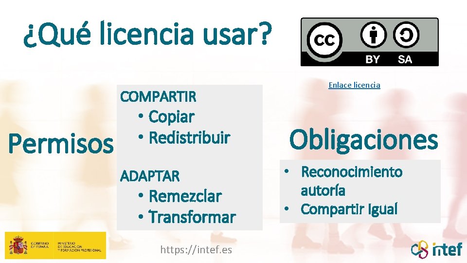 ¿Qué licencia usar? COMPARTIR Permisos • Copiar • Redistribuir ADAPTAR • Remezclar • Transformar