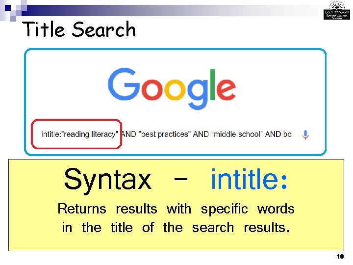 Title Search Syntax - intitle: Returns results with specific words in the title of