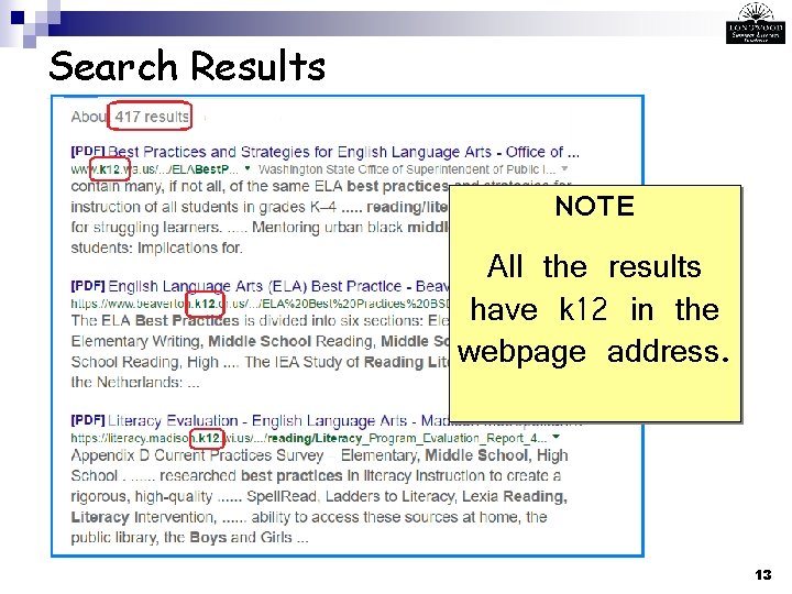 Search Results NOTE All the results have k 12 in the webpage address. 13