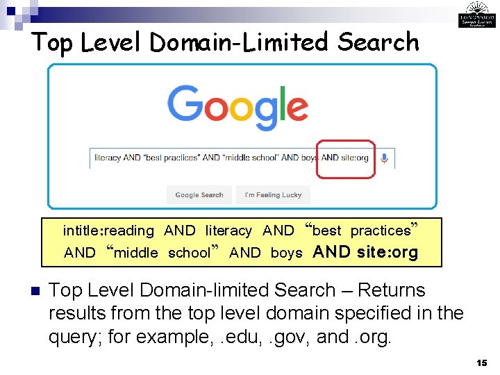 Top Level Domain-Limited Search intitle: reading AND literacy AND “best practices” AND “middle school”