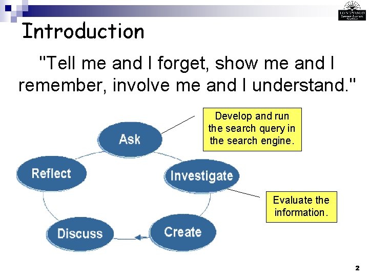Introduction "Tell me and I forget, show me and I remember, involve me and