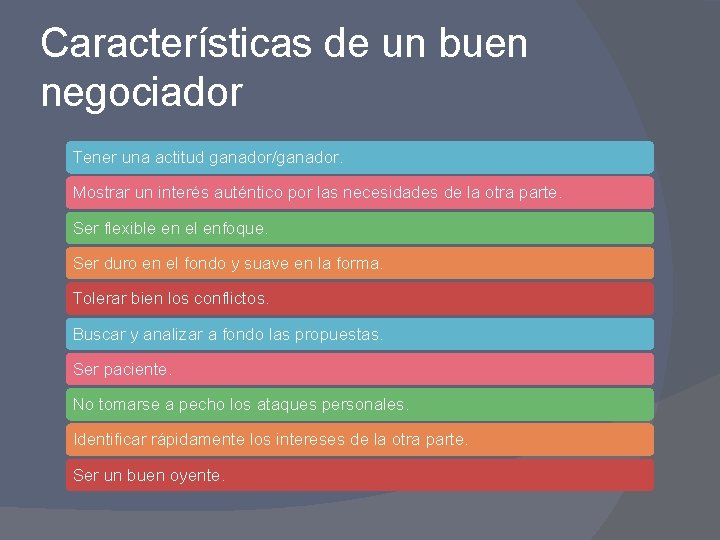 Características de un buen negociador Tener una actitud ganador/ganador. Mostrar un interés auténtico por