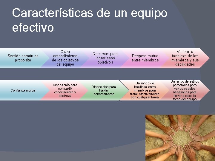 Características de un equipo efectivo Sentido común de propósito Claro entendimiento de los objetivos