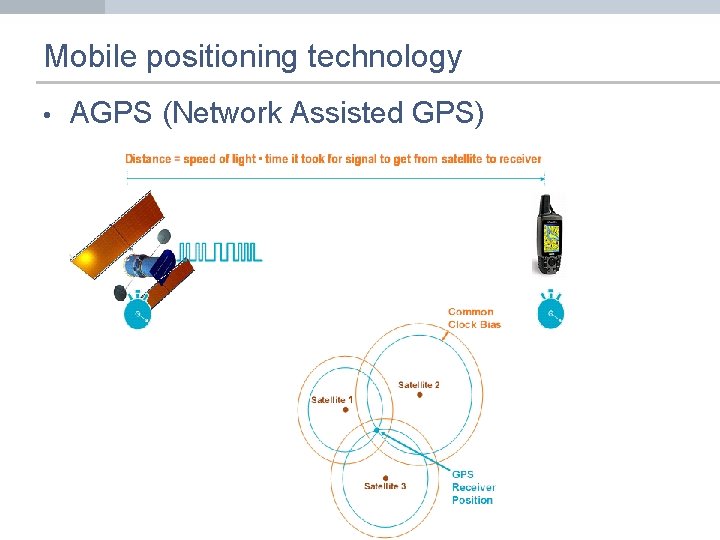 Mobile positioning technology • AGPS (Network Assisted GPS) 
