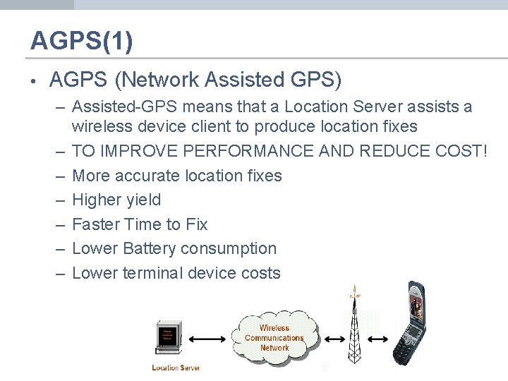 AGPS(1) • AGPS (Network Assisted GPS) – Assisted-GPS means that a Location Server assists