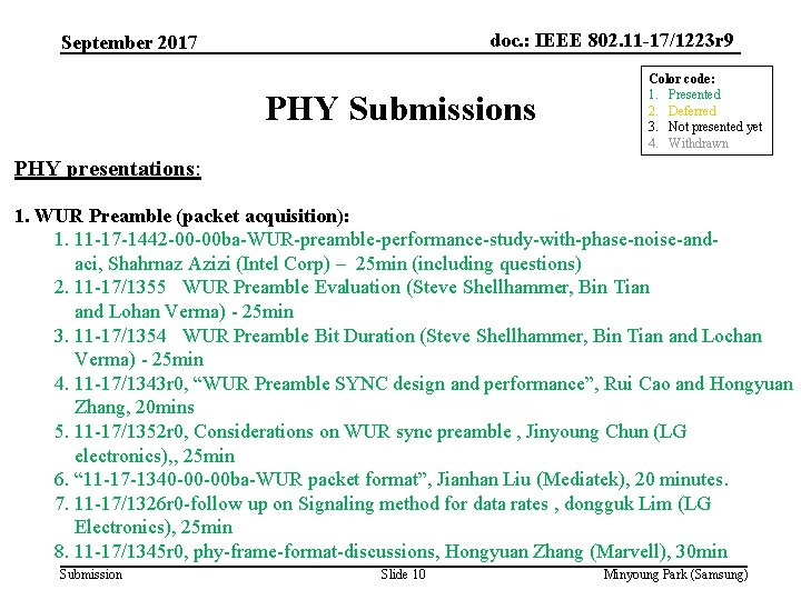 doc. : IEEE 802. 11 -17/1223 r 9 September 2017 PHY Submissions Color code: