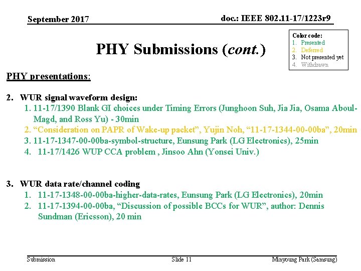 doc. : IEEE 802. 11 -17/1223 r 9 September 2017 PHY Submissions (cont. )