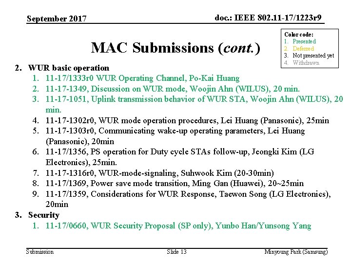 doc. : IEEE 802. 11 -17/1223 r 9 September 2017 MAC Submissions (cont. )