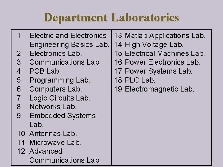 Department Laboratories 1. Electric and Electronics Engineering Basics Lab. 2. Electronics Lab. 3. Communications