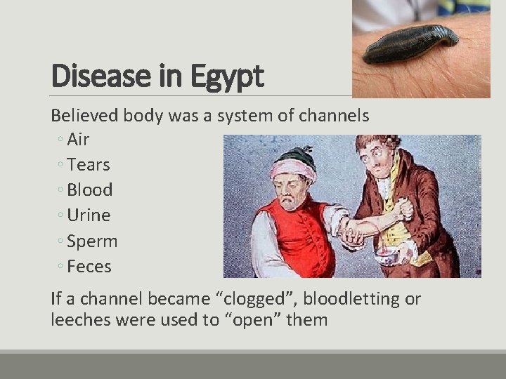 Disease in Egypt Believed body was a system of channels ◦ Air ◦ Tears