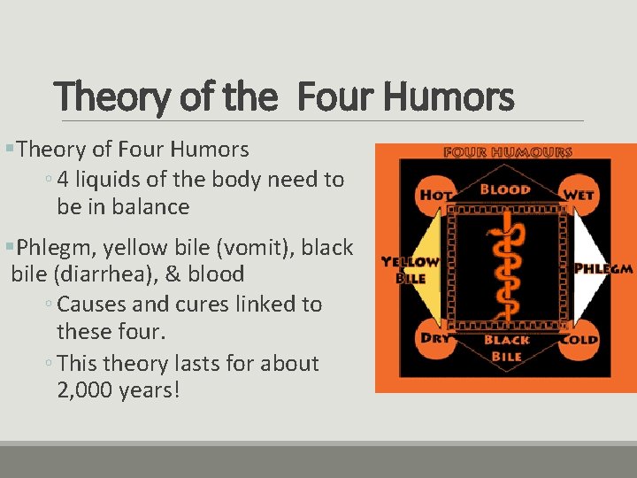 Theory of the Four Humors §Theory of Four Humors ◦ 4 liquids of the