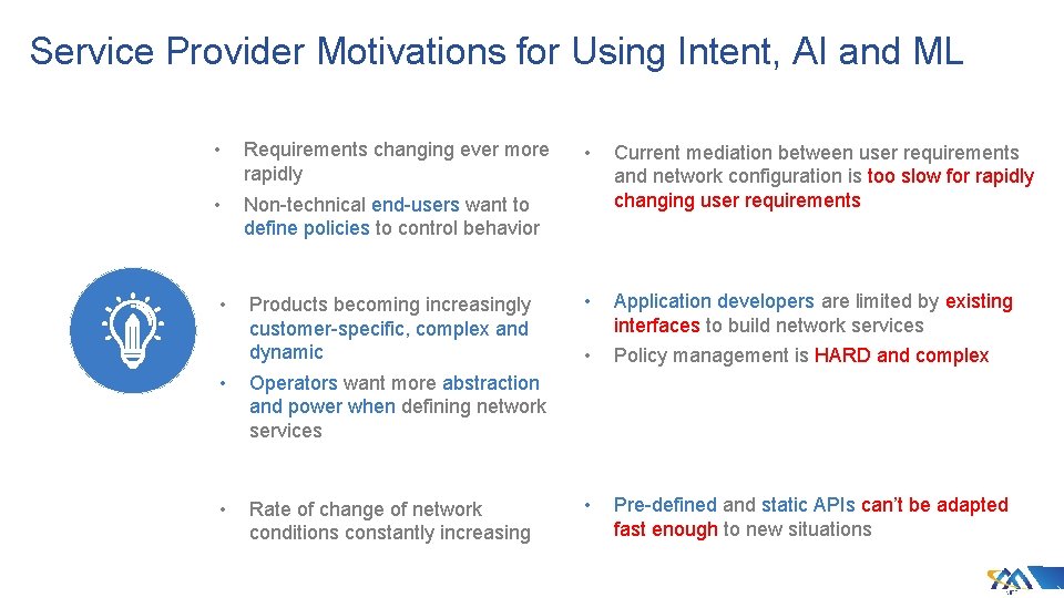 Service Provider Motivations for Using Intent, AI and ML • Requirements changing ever more